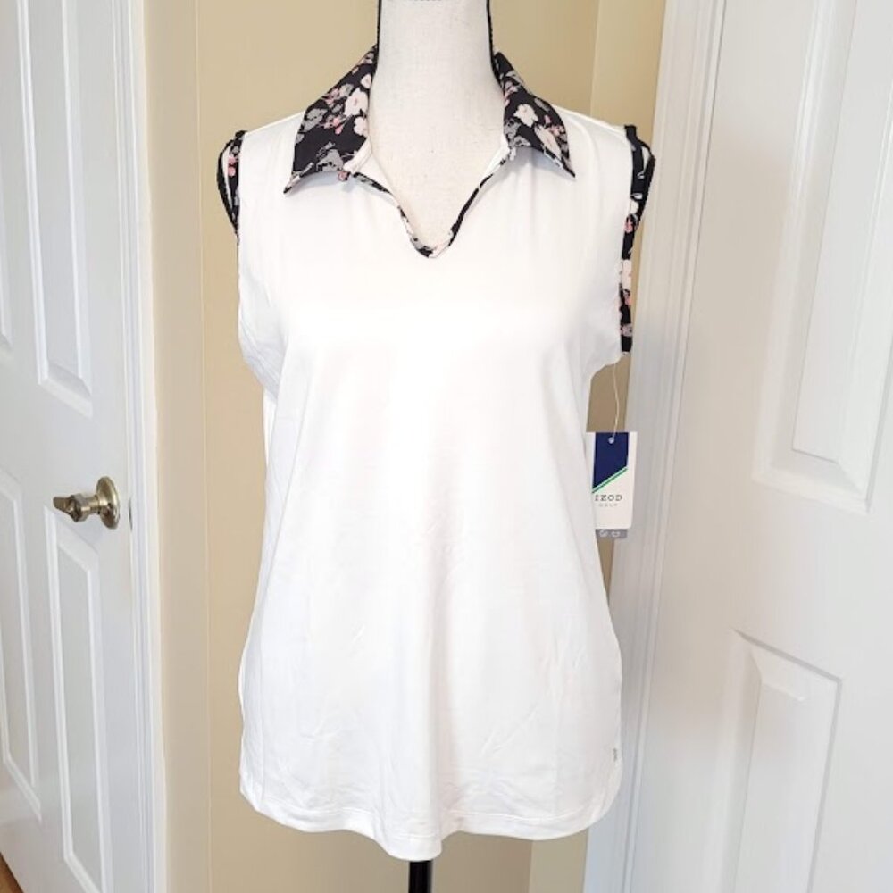 IZOD White Sleeveless Golf Polo Top Size Small – Floral Collar, UPF 15